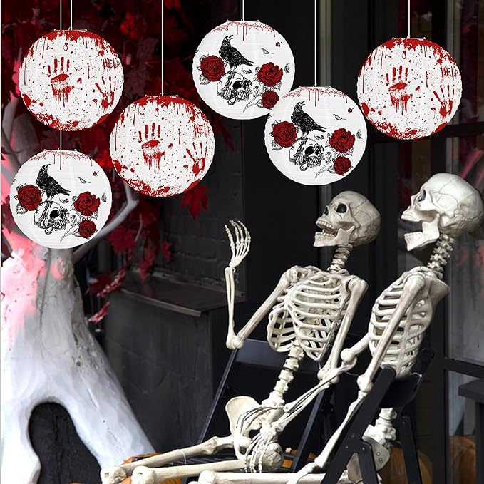 6PCS Hanging Halloween Party Decorations with Lantern, Crow, Skull, Blood Print Pattern, Indoor and Outdoor Horror Home Decoration -12 inches