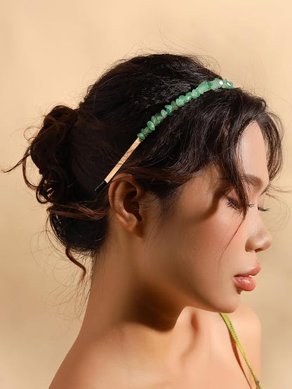 MINACHI Green Aventurine Hairband – Handmade Boho Bridal Accessories with Gold-tone Wire Wrap for Women