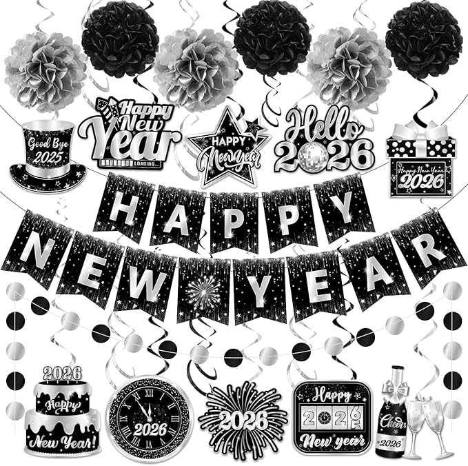 Happy New Year 2026 Silver and Black, NYE Party Supplies includes Happy New Years Banner Hanging Swirls and Silver Tissue Pom Poms, New Year Hanging Swirls for Indoor Outdoor Classroom Office