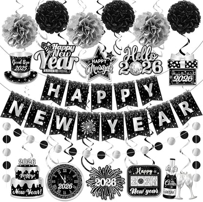 Happy New Year 2026 Silver and Black, NYE Party Supplies includes Happy New Years Banner Hanging Swirls and Silver Tissue Pom Poms, New Year Hanging Swirls for Indoor Outdoor Classroom Office