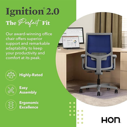 HON Ignition 2.0 Mid Back Task Chair, Spectrum Mesh, Standard Synchro-Tilt Control, Office Chair with Lumbar Support, Height and Width Adjustable Arms, Titanium Frame, Cobalt
