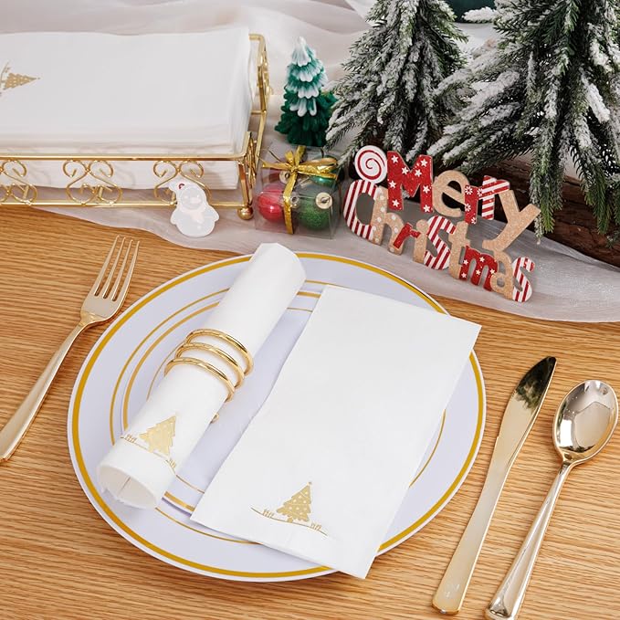 100PCS Christmas Gold Napkins Disposable - Heavy Duty Christmas Tree Napkin - Yule Paper Hand Towels - Xmas Gold Napkin for Kitchen Bathroom Noel Parties Dinners and Events