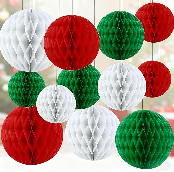 Capesaro 12pcs Green Red White Hanging Honeycomb Balls Decorations Christams Theme Party Decorations Hanging Tissue Paper Pom poms Flower for Birthday Party (6" 8" 10" Green Red Set)