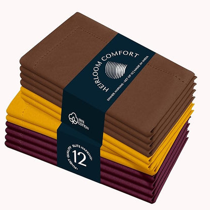 Multi Color Cloth Napkins 18"x18" - Set of 12-100% Cotton, Washable, Reusable - Perfect Hotel Quality Napkin for Table, Dinner, Weddings, Everyday Dining - Yellow, Brown, Burgundy