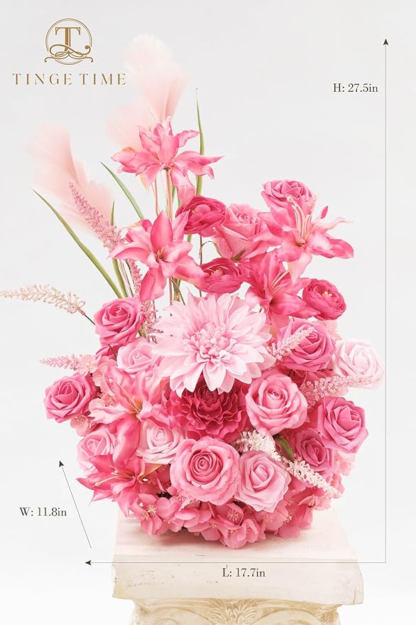 TINGE TIME Free-Standing Artificial Flower Set of 2, Table Centerpiece with Rubber Pad, Silk Fake Flower for Wedding Centerpiece Archway Aisle Welcome Entrance (Hot Pink)