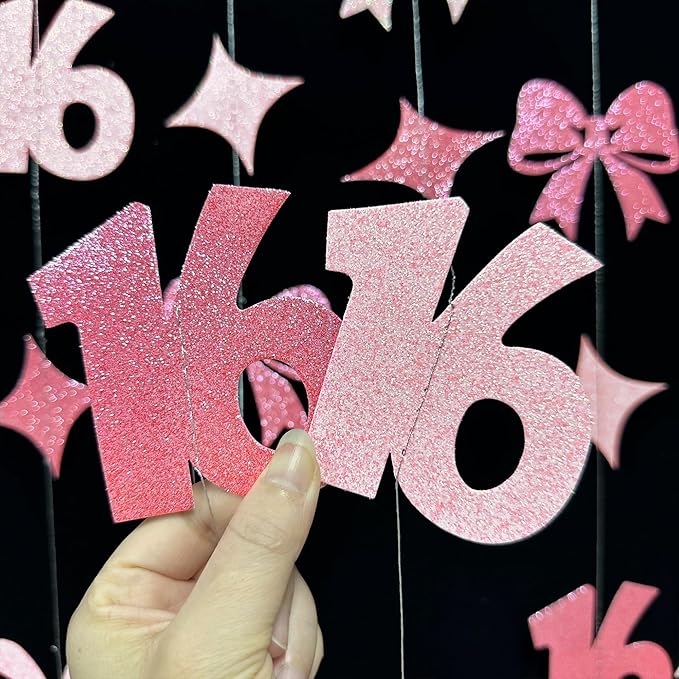 Glitter Pink 16th Bow Birthday Decorations Hot Pink Conquette Bow Garland Streamer Banner Backdrop for Girls Boys Happy 16th Birthday Sweet Sixteen Cheers to 16 Years Old Anniversary Party Supplies