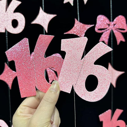 Glitter Pink 16th Bow Birthday Decorations Hot Pink Conquette Bow Garland Streamer Banner Backdrop for Girls Boys Happy 16th Birthday Sweet Sixteen Cheers to 16 Years Old Anniversary Party Supplies