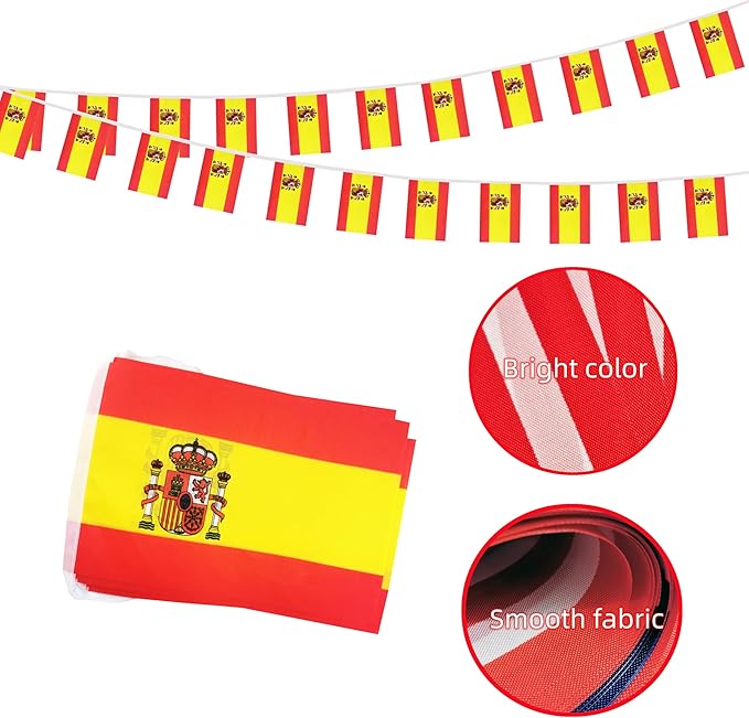 Spain Small String Flags, 50 Feet 38 Pcs Spanish Pennant Banner Bunting Flags, Patriotic Events, Independence Day, Country Festival, Commemoration, Decorations (Spain)
