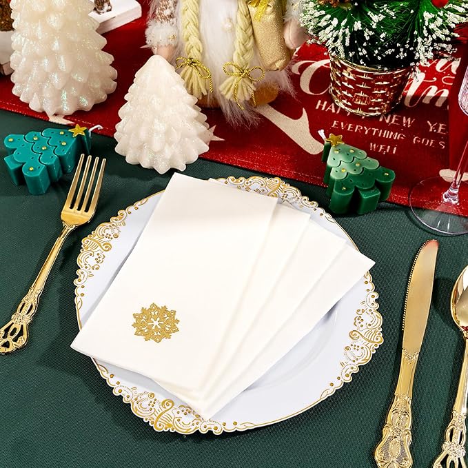 50 Pack Christmas Snowflake Paper Napkins - Cloth-like Christmas Disposable Hand Towels, Gold Premium Quality Xmas Dinner Napkin for Home Kitchen Table Bathroom Holiday Decor
