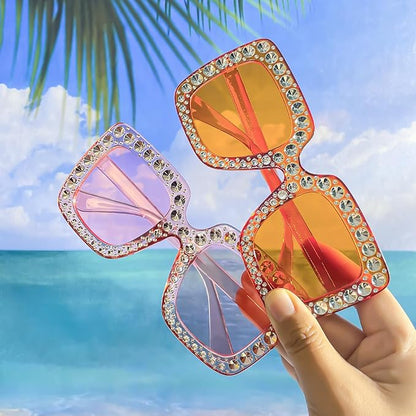 Pibupibu 12/24 Pack Fun Oversized Square Crystal Sunglasses for Women Bulk, Disco Rhinestone Sparkling Glasses Party Favors