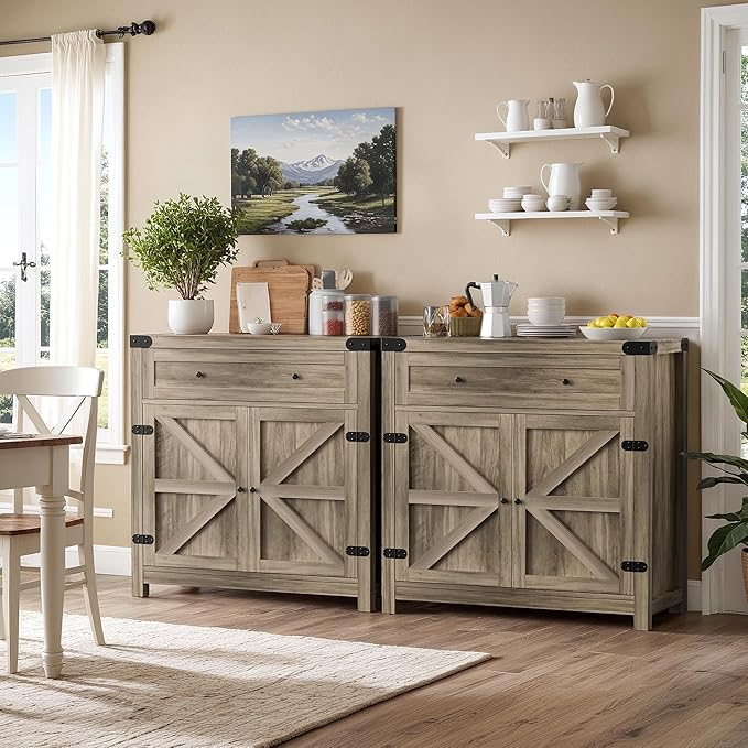 YESHOMY Coffee Bar and Accent Cabinet, Farmhouse Barn Door Buffet Sideboard with Drawer and Adjustable Shelf, Wide Desktop for Kitchen, Dining Room, Bathroom, Entryway, Oak