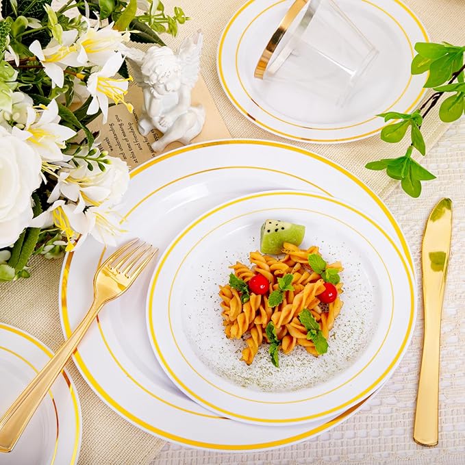 bUCLA 150PCS Gold Plastic Dinnerware Set Disposable - Heavy Duty Gold Plates Include 25 Dinner & 25 Dessert Plates,25 Forks,25 Knives,25 Spoons&25 Cups for Party&Wedding