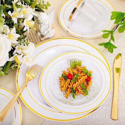 bUCLA 150PCS Gold Plastic Dinnerware Set Disposable - Heavy Duty Gold Plates Include 25 Dinner & 25 Dessert Plates,25 Forks,25 Knives,25 Spoons&25 Cups for Party&Wedding