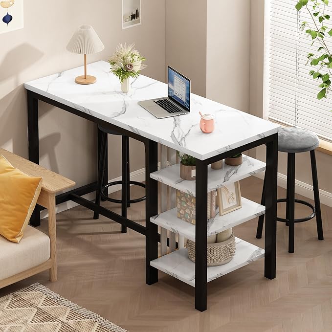AWQM Bar Table Set with Storage Shelves, 47" Modern White Faux Marble Breakfast Table with 2 Velvet Stools, 3-Piece Dining Set for 2, Space Saving Table for Kitchen/Dining Room/Living Room/Studio