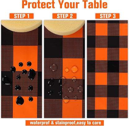 Kesfey 3 Packs Fall Orange Buffalo Check Plaid Tablecloth 54 x 108 Inches Waterproof Autumn Thanksgiving Gingham Table Cloth Disposable Orange and Black Plastic Checkered Picnic Tablecover for Camping