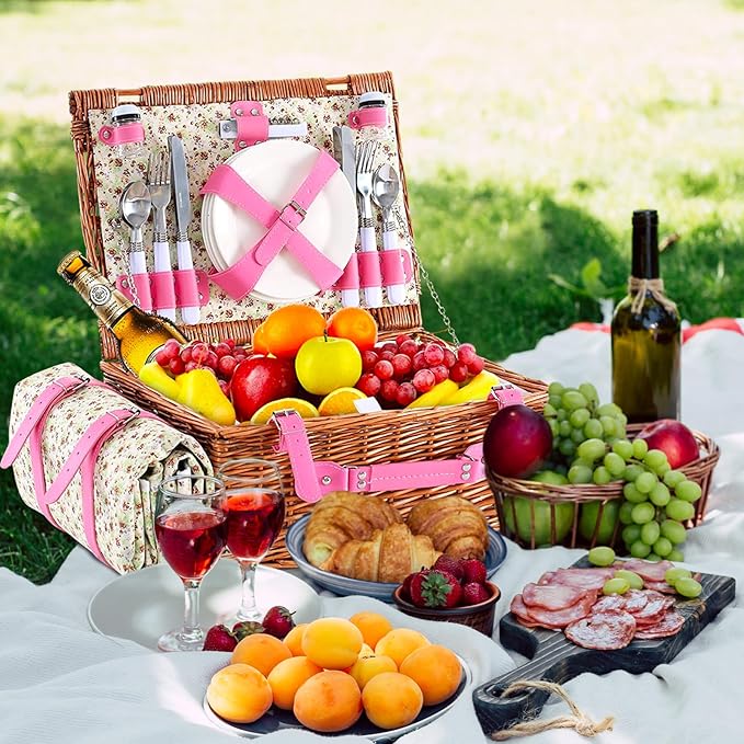 Wicker Picnic Basket for 4 with Waterproof Picnic Blanket and Insulated Cooler, Willow Hamper for Camping, Outdoors, Photoshoot, or a Birthday, Valentine’s Day, Wedding Gift, Pink