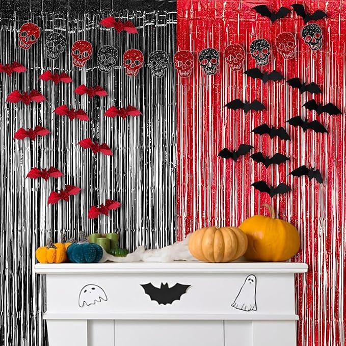 Foil Fringe Curtain Party Decorations - Black Red Metallic Tinsel Backdrop Party Steamers Curtains for Christmas New Years Boy Men Birthdays Prom Bachelorette Holidays Parties Decorations