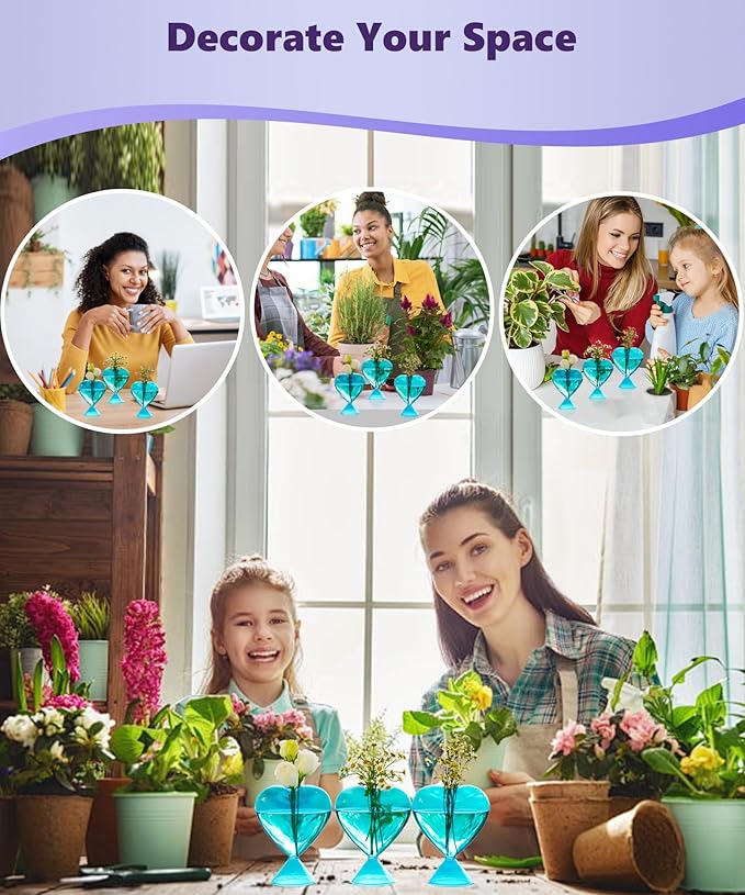 Nacome Small Glass Bud Vases for Flowers: Birthday Gifts for Wife Women Mom Garden Lovers- Set of 3 Heart Plant Terrarium for Wedding Centerpiece Table Office Indoor Home Decor(Blue)