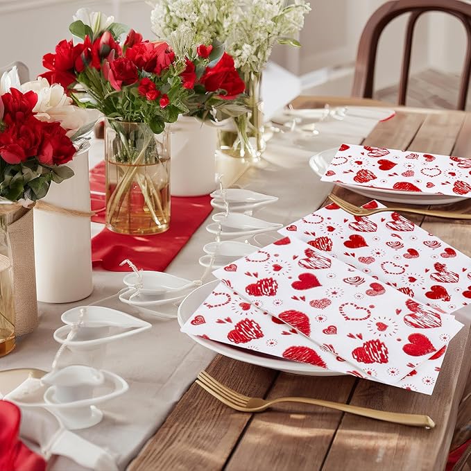 50PCS Red Paper Napkins - Red Heart Napkins Disposable - Heavy Duty Linen Feel Guest Towels for Bathroom, Women’ s Day, Wedding, Bridal Shower, Engagement, Party, Galentine