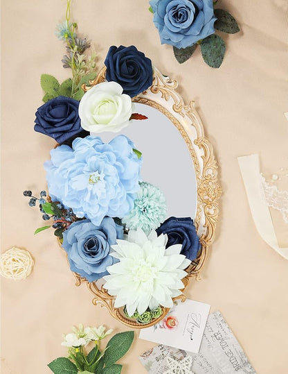 Artificial Flowers Combo Box Set,Silk Fake Flowers Roses Bridal Bouquets Out/Indoor DIY Centerpieces White Flowers for Decoration Arrangements Party Baby Shower Home Cake Decor (White&Blue)