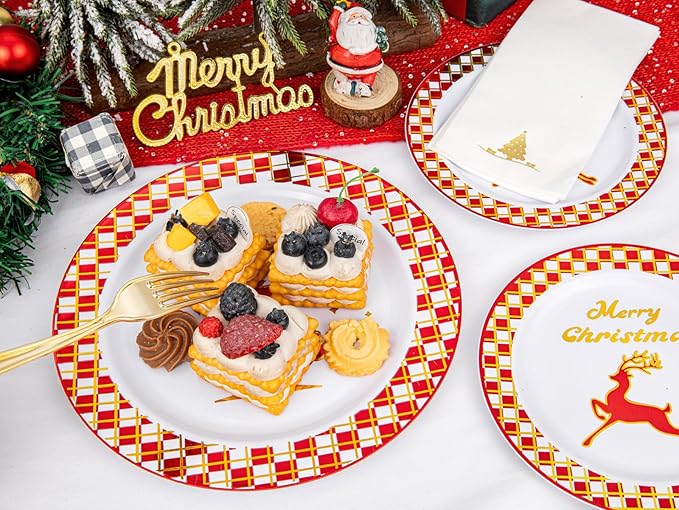 Ciaell 175PCS Christmas Plastic Plates - Red and Gold Plaid Plates include 25Dinner Plate, 25Dessert Plate, 25Knives, 25Forks, 25Spoons, 25cups, 25 Christmas Napkins for Christmas Party