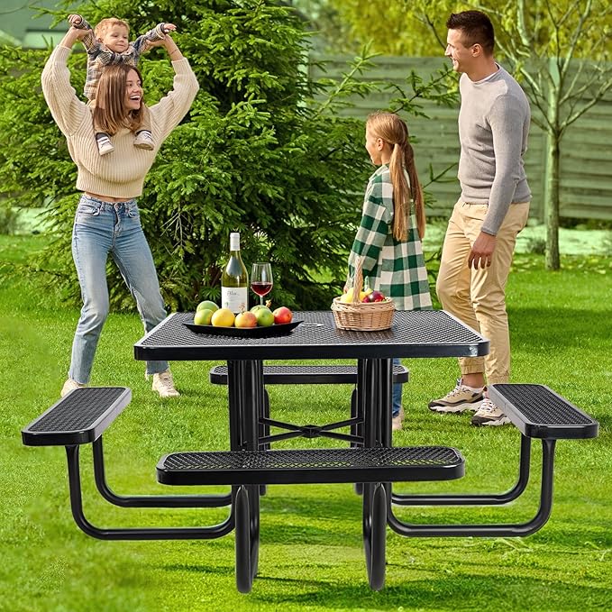 47'' Heavy-Duty Metal Picnic Tables with Umbrella Hole, Outdoor Steel Heavy Duty Commercial Grade Black Table, Outdoor Bench Set for Lawn, Patio, Park, Yard, Garden, Porch (Set A, Square)