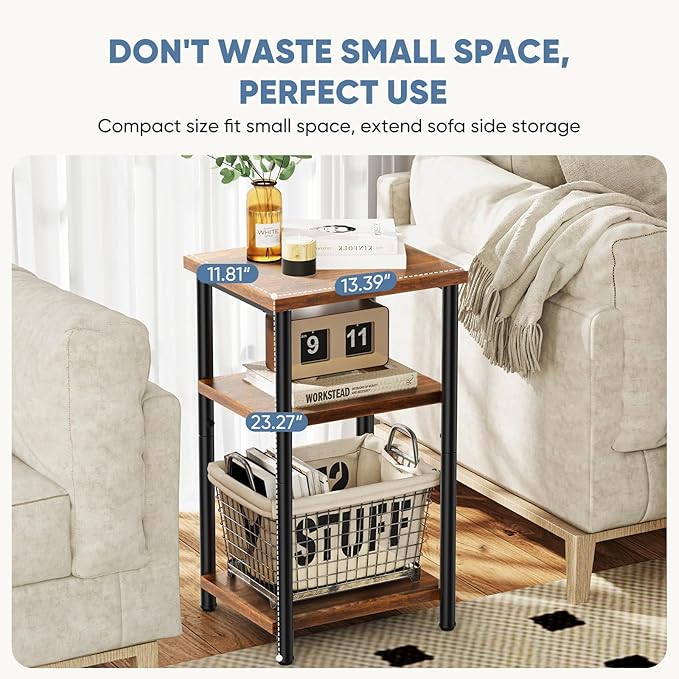 OLIXIS 3 Tier End Table for Small Space, Side Sofa Tables Storage Shelf, Nightstand with Adjustable Feet for Living Room, Bedroom, Office, Set of 2, Rustic Brown