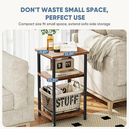 OLIXIS 3 Tier End Table for Small Space, Side Sofa Tables Storage Shelf, Nightstand with Adjustable Feet for Living Room, Bedroom, Office, Set of 2, Rustic Brown
