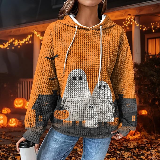 Halloween Sweatshirts for Women Novelty Graphic Drawstring Waffle Hoodies Loose Casual Pullover Tops with Pocket