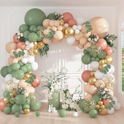 166Pcs Sage Olive Green Blush Peach Balloon Garland Arch Kit Orange White Green Gold Balloons Eucalyptus for Tropical Wedding Jungle Safari Greenery Baby Shower Birthday Party Decorations