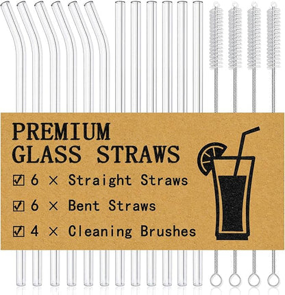 Piteno® 16-Pack Reusable Glass Straws, Clear Glass Drinking Straws, 10''x10MM, Set of 6 Straight and 6 Bent with 4 Cleaning Brushes, Perfect for Smoothies, Milkshakes, Juice, Tea
