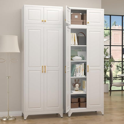 Steeloong90“ Kitchen Pantry Cabinet,Metal Storage Cabinets with Doors and 4 Adjustable Shelves,White Kitchen Cabinet with 2 Gold Handles,Tall Cabinet for Livingroom,Pantry, Bathroom