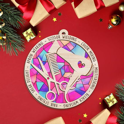 FLAGWIX Christmas Hairstylist Gifts Women - Suncatcher Hairdresser Christmas Ornaments 2025 for Tree Decorations - Hair Stylist Ornament, Hair Stylist Gifts for Hairdressers Female Barbers Beauticians