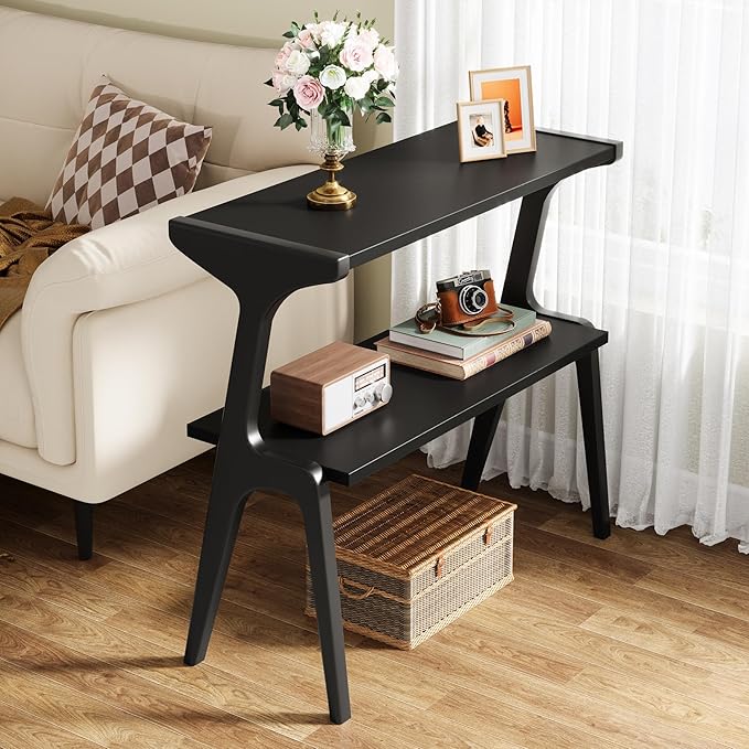Tribesigns Solid Wood End Table, Modern Side Table for Couch, 2-Tier Narrow Tall End Table, Long Bedside Table for Living Room, Bedroom, Black
