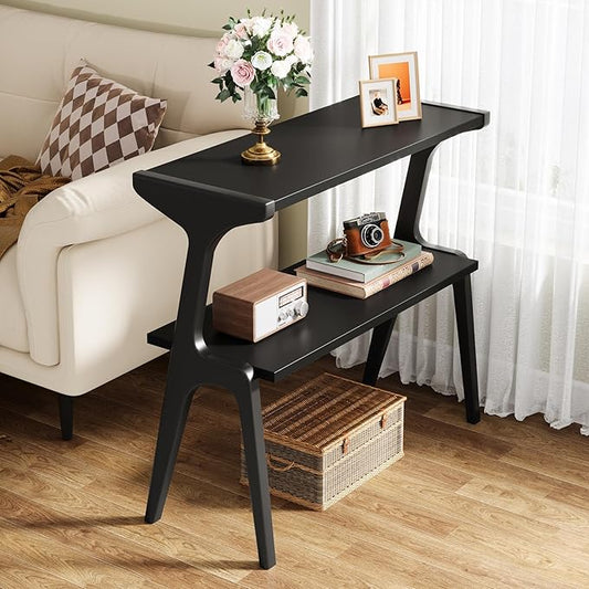 Tribesigns Solid Wood End Table, Modern Side Table for Couch, 2-Tier Narrow Tall End Table, Long Bedside Table for Living Room, Bedroom, Black