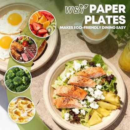 W&Y paper plates 9 Inch Disposable Paper Plates [100 Pack] - Heavy Duty Dinner Plates, Leak Proof & Microwave Safe, Cut Resistant & Compostable for Parties, Weddings, Catering Events