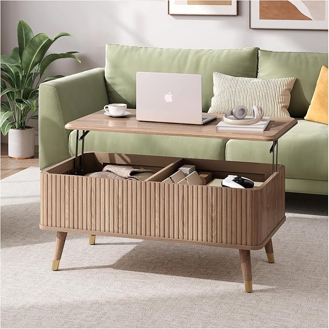 Lift Top Coffee Table with Storage,Natural Wood Center Table for Living Room, Modern Farmhouse Oak Fluted Design,Pop-Up Desk for Work & Dining