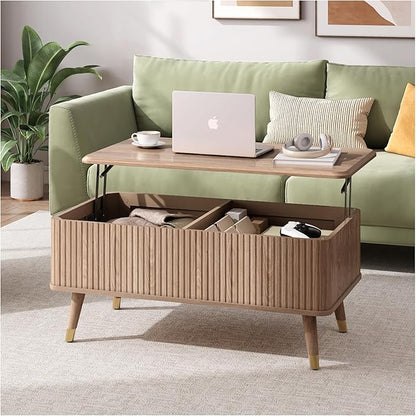 Lift Top Coffee Table with Storage,Natural Wood Center Table for Living Room, Modern Farmhouse Oak Fluted Design,Pop-Up Desk for Work & Dining