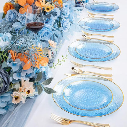 Rubtlamp 60Pcs Clear Blue Plastic Plates, Hammered Blue Plates, Clear Fancy Disposable Plates With Gold Rim Include 30 Dessert Plates, 30 Dinner Plates for Party
