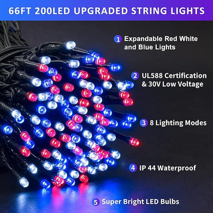JMEXSUSS 200 LED 66ft Red White and Blue Lights Outdoor, Expandable Waterproof 4th of July Lights, 8 Modes Patriotic String Lights Plug in for 4th of July Tree Independence Day Indoor Decorations