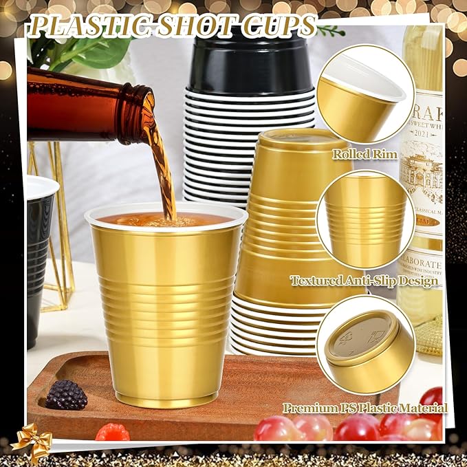 KesaPlan 100 PCS 12 OZ Plastic Cups, Party Cups Black and Gold Cups Disposable Drinking Cup Bulk For Christmas Graduation Wedding Birthday Halloween New Year Family Gathering Festive Celebrations