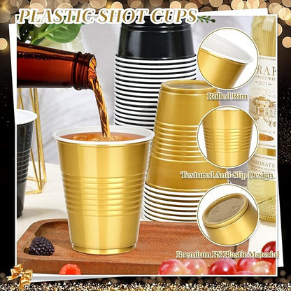 KesaPlan 100 PCS 12 OZ Plastic Cups, Party Cups Black and Gold Cups Disposable Drinking Cup Bulk For Christmas Graduation Wedding Birthday Halloween New Year Family Gathering Festive Celebrations
