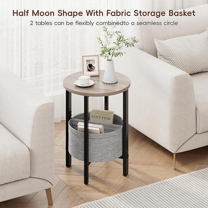 Vagusicc Small Round Side Table End Table, Tall Accent Table with Storage Basket, Set of 2 Half Round Tables Half Moon Tables, Coffee Bedside Tables, Modern Nightstand for Living Room Bedroom, Gray
