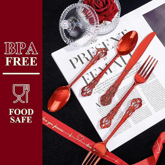 150PCS Red Plastic Silverware - Elegant Disposable Utensils - Heavy Duty Vintage Red Cutlery Sets Includes 50Forks, 50Spoons, 50Knives for Catering Dinner Christmas Party Wedding