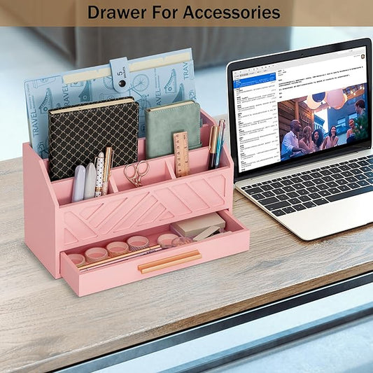 Pink Wood Desk Organizer and Accessories with Drawer, Bill Mail Organizer and File Mail Holder for Office Supplies, Modern Desk Accessories & Workspace Organizers for Desk Organization