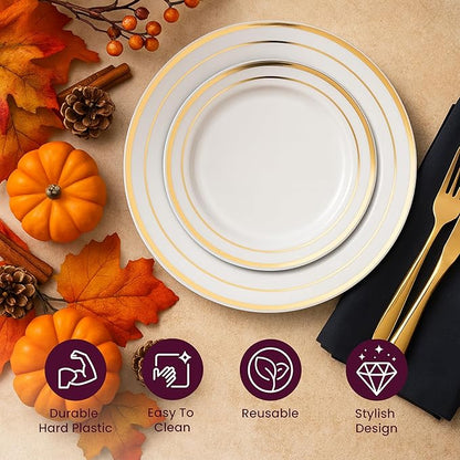 Aya's 60 Pack Heavy Duty Plastic Plates with Gold Rim - 30 Each of 10" Dinner and 7.5" Appetizer White Disposable Plates - Elegant Fancy Plastic Plates for Party, Weddings, and Special Events