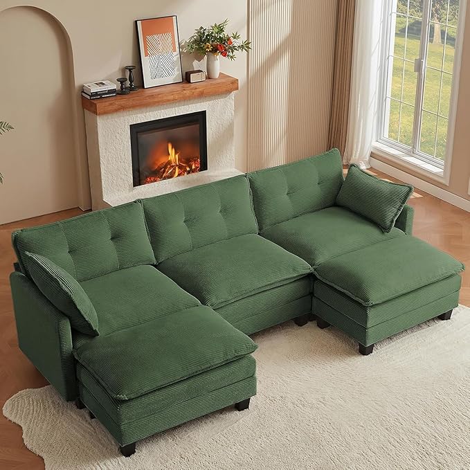 Modular Sectional Sofa, 111.5" U-Shaped Corduroy Comfy Sectional Couches for Living Room, 3-Seater Cloud Couches with 2 Movable Ottomans, Flexible Combination Modern Deep Seat Sofa (Green)