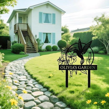 Personalized Garden Sign with Hummingbird & Flower Design – Custom Metal Yard Stake, Outdoor Lawn Name Plaque, Weatherproof Garden Decor, Gift for Gardeners & Housewarming