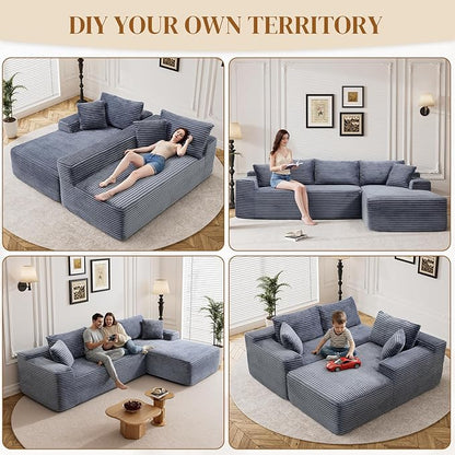 95" L Shaped Boneless Sectional Couches, Wide Armrest, Deep Seat, Memory Foam, Assembly Free, Modern Comfy Corduroy Fluffy Cloud Sofa with Right Chaise for Living Room, Small Spaces, Grey