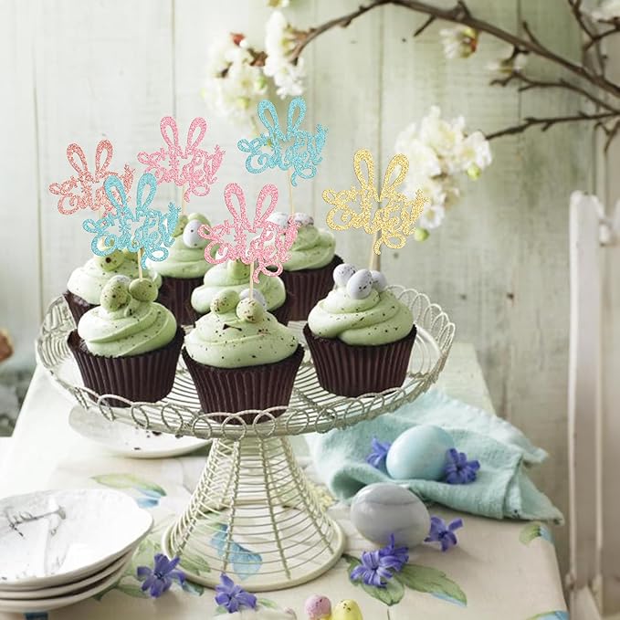 Ephlyn 24Pcs Happy Cupcake Toppers Glitter Rabbit Ear Cupcake Picks Decorations for Easter Day Theme Baby Shower Kids Birthday Party Supplies Multi